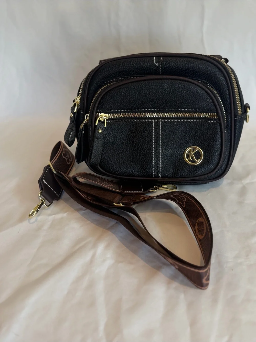 K-Emblem Tan Pebbled Leather Crossbody Bag with Patterned Strap
